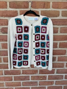 Alfred Dunner Cream Cardigan with Multicolor Crochet Squares